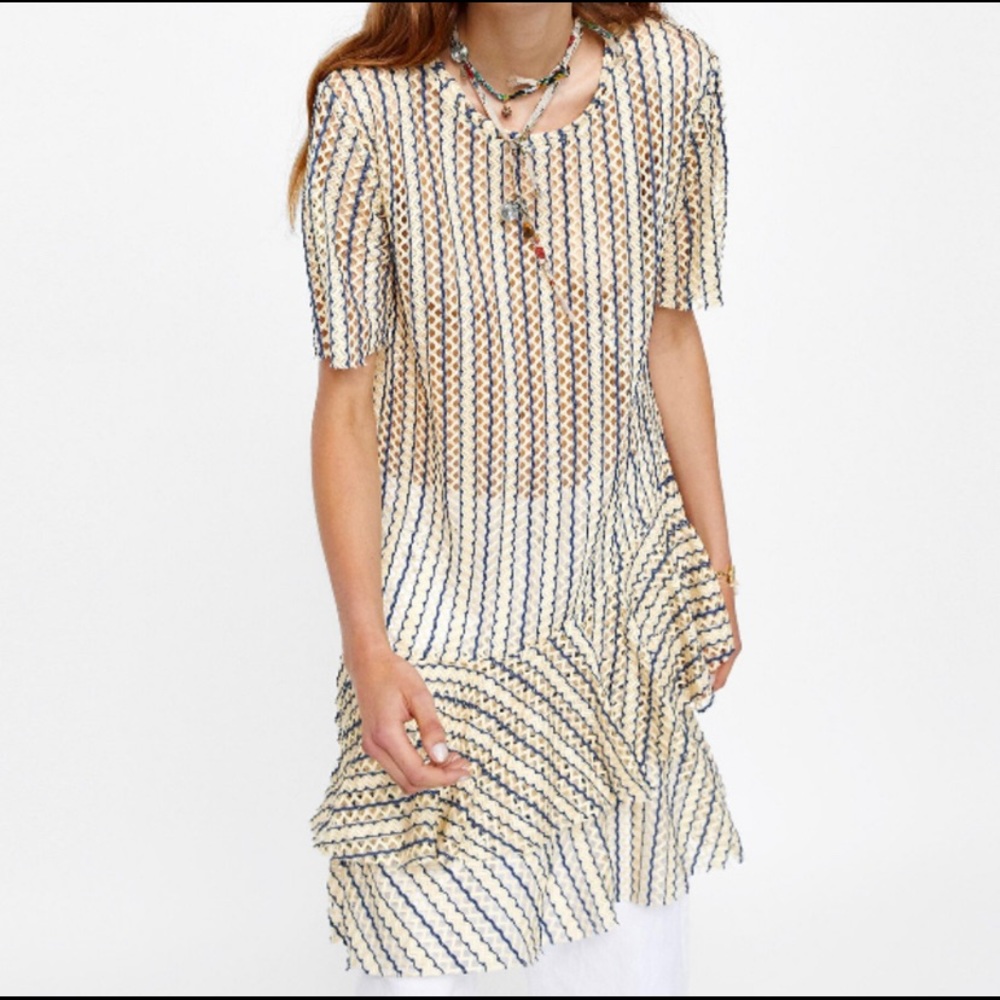 Zara Asymmetric Mesh Ruffle Dress Blue and Cream